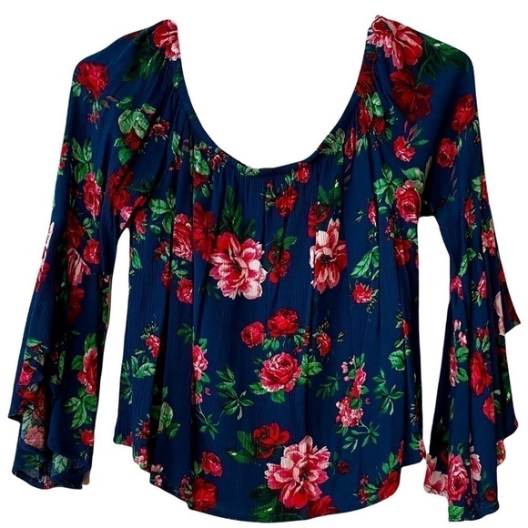 Ambiance Floral Blouse Small Off-The-Shoulder‎ Crop Top - Picture 1 of 16